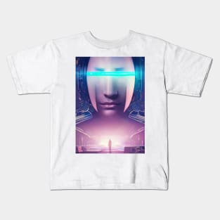 Girl face in futuristic cyberpunk style in neon colors Kids T-Shirt